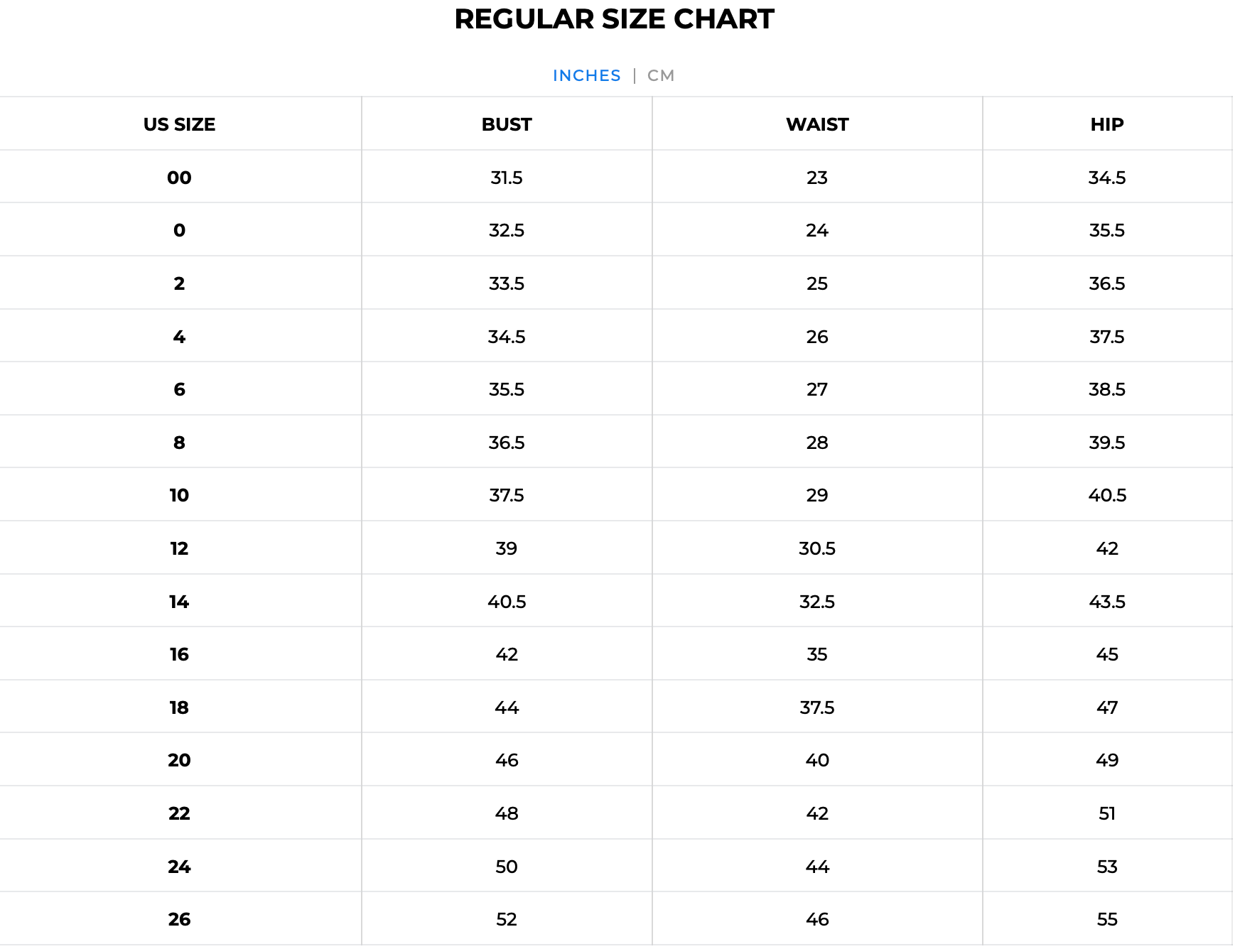 Ava Presley Size Chart