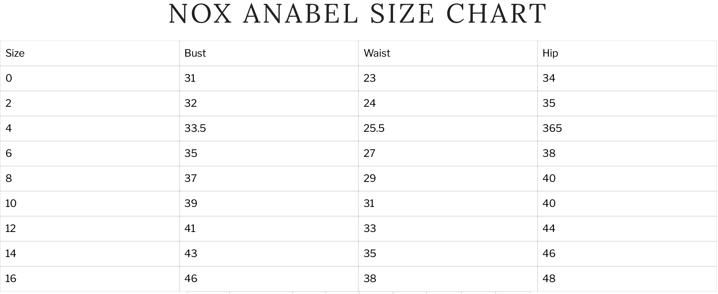 Nox Anabel Size Chart